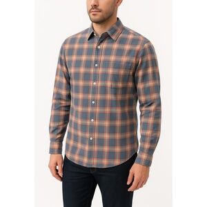 Merona Shirt Mens Size M Blue Salmon Plaid ButtonUp Collared Long Sleeve Classic
